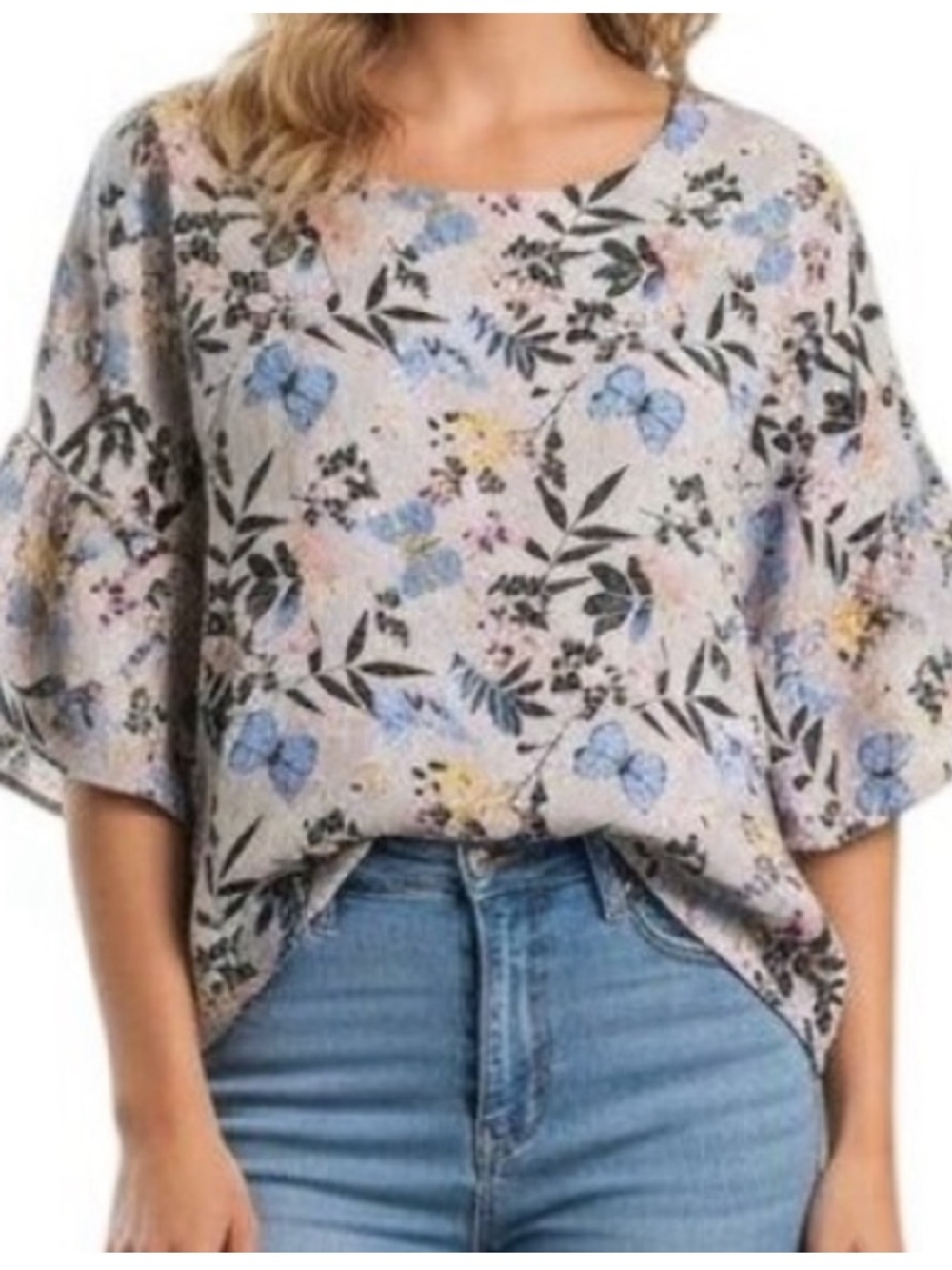 Viola Borghi 100% linen short sleeve butterfly blouse top Large